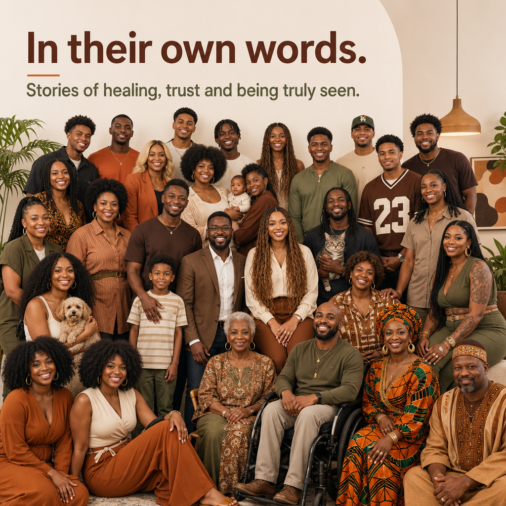 A warm group portrait of Black patients and clients of many ages, body types, and styles — gathered together.